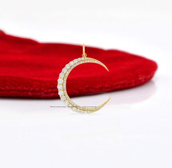 925 Silver Crescent Moon Pendant, Diamond Half Moon Pendant - Image 3