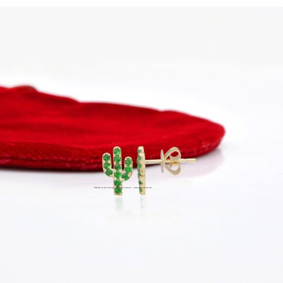 Gold Cactus Studs, Emerald Cactus Stud Earrings, Saguaro Cactus Studs - Image 2