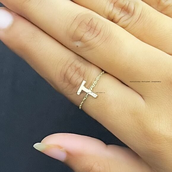 Solid 14K Gold Diamond Initial Ring, Personalized Gold Chain Ring