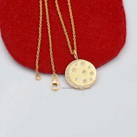 Star Moon 925 Silver Diamond Disc Pendant, Diamond Celestial Pendant - Image 3