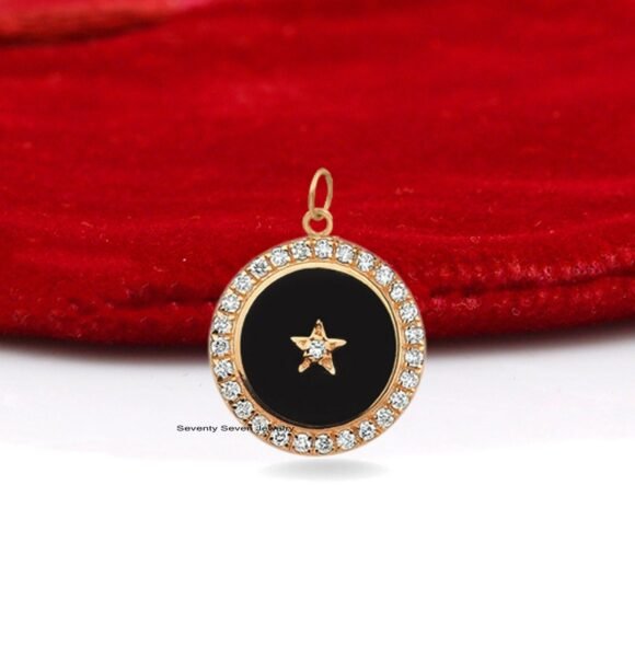 925 Silver Diamond Star Pendant, Round Enamel Star Pendant - Image 2
