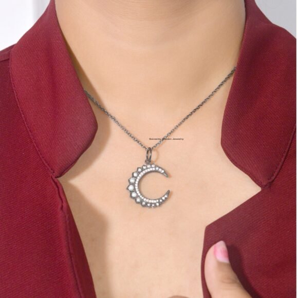 925 Silver Crescent Moon Pendant, Moissanite & Tsavorite Moon Charm