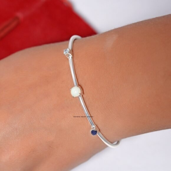 Diamond Woman's Cuff Bangle, Blue Sapphire With Opal Bangle