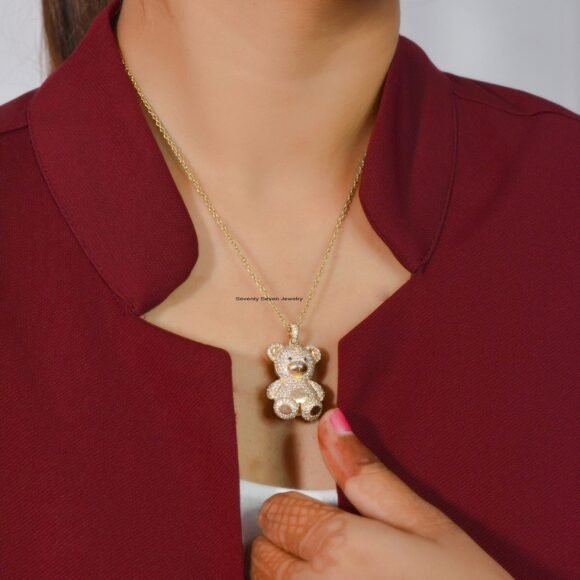 Silver Teddy Charm Pendant, Diamond Teddy Bear Pendant