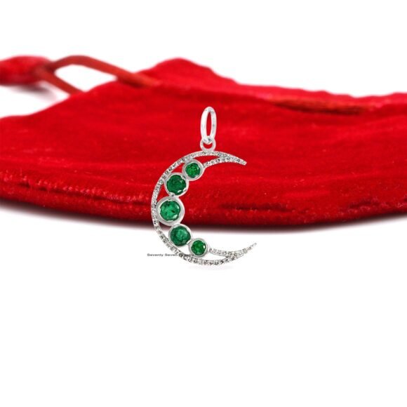 925 Silver Moon Pendant, Diamond Emerald Moon Pendant