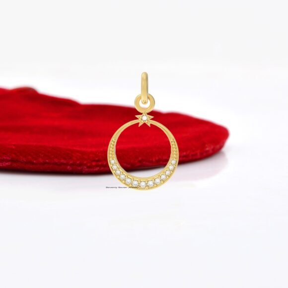 14K Gold Diamond Moon Pendant, Round Star Pendant