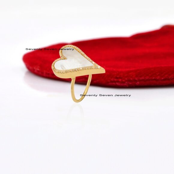 925 Silver Malachite Heart Ring, Pave Diamond Heart Ring