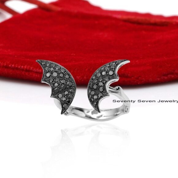 925 Silver Diamond Wing Ring, Bat Wings Ring, Black Bat Wing Ring