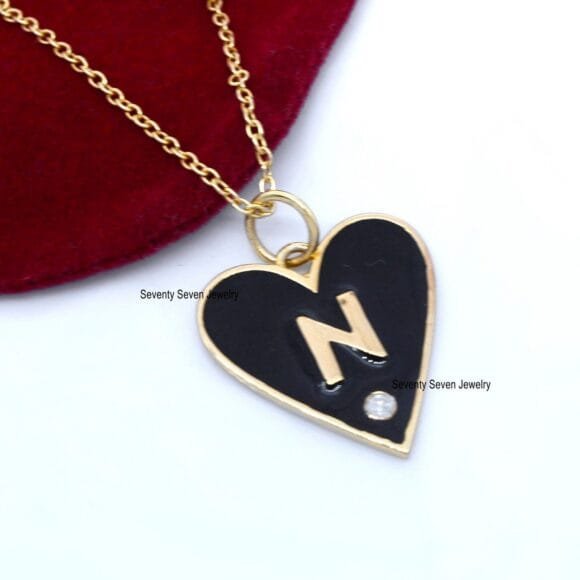 14k Gold Black Enamel Heart Pendant, Gold Enamel Letter Pendant - Image 2