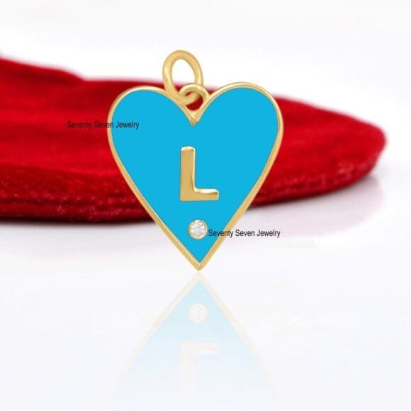 14k Gold Black Enamel Heart Pendant, Gold Enamel Letter Pendant - Image 3