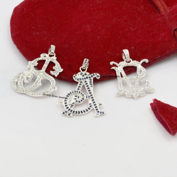 Pave Diamond AB-BA Letter Monogram, Silver Monogram Pendant - Image 2