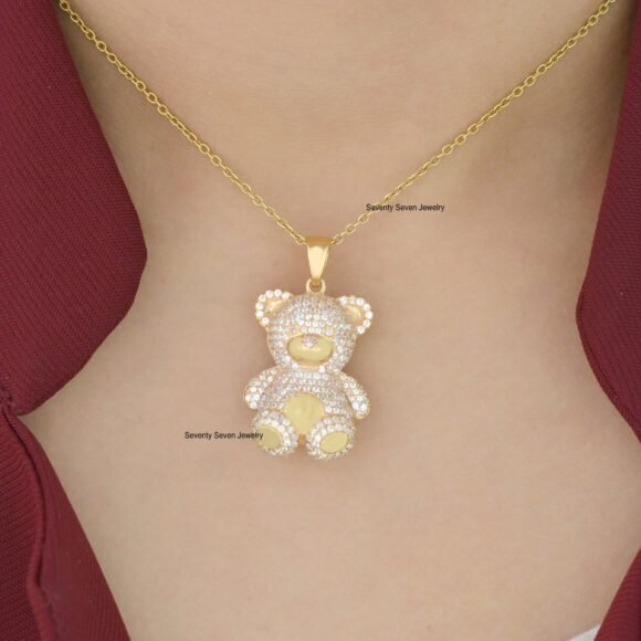 Silver Teddy Charm Pendant, Diamond Teddy Bear Pendant - Image 2