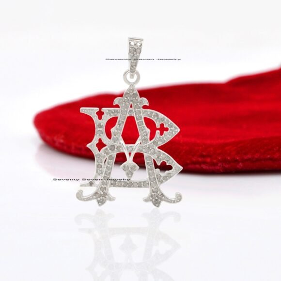 Pave Diamond AB-BA Letter Monogram, Silver Monogram Pendant - Image 5