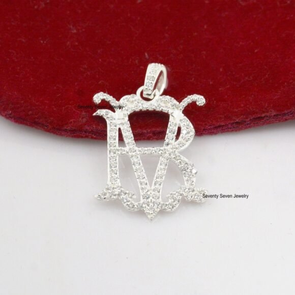 Pave Diamond AB-BA Letter Monogram, Silver Monogram Pendant - Image 7