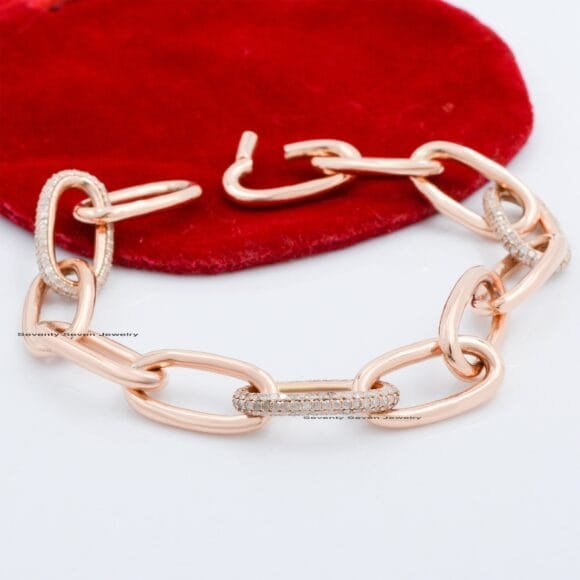 14K Gold Pave Diamond Link Bracelet, Gold Oval Link Chain Bracelet