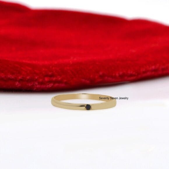 14K Gold Black Diamond Band Ring, 14K Stackable Black Diamond Thin Ring - Image 6