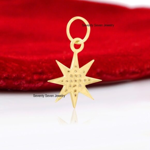 14K Gold Star Burst Diamond Pendant, 14k Star Pendant - Image 2