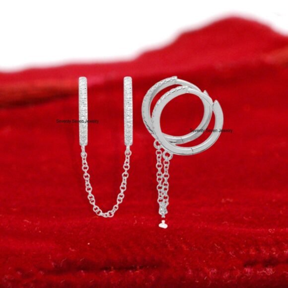 Solid 14K Gold Hoop Chain Huggies, Moissanite Chain Hoop Huggies - Image 2