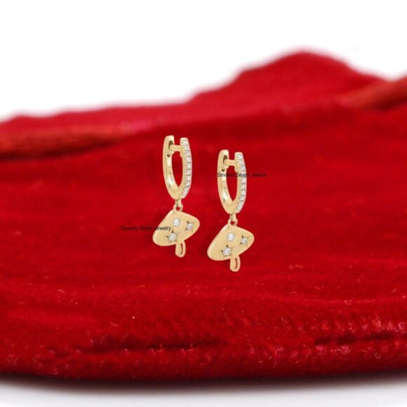 Gold Mushroom Huggies, Diamond Mushroom Earrings