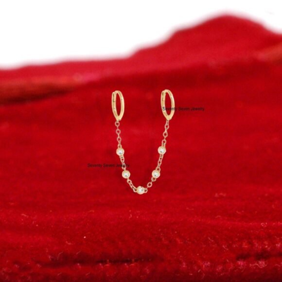 14K Gold By The Yard Huggie,  Moissanite Chain Hoops