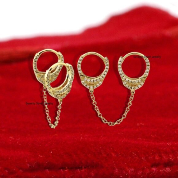 9K Chain Hoops, Diamond Chain Cuff Earrings, Silver Cuff Chain Hoops