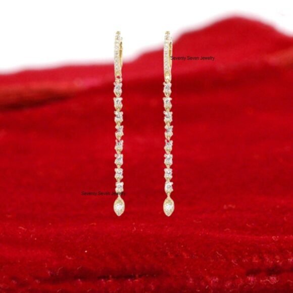 9K Drop Dangles Earrings, 14K Gold CZ Drop Huggies