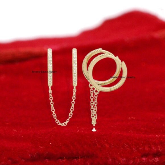 Solid 14K Gold Hoop Chain Huggies, Moissanite Chain Hoop Huggies