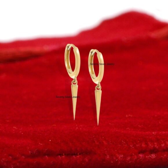 14K Gold Spike Huggie Earring, Elongated Triangle Gold Dangle