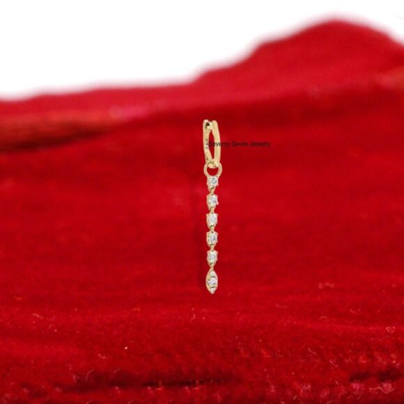 Solid 14K Gold Thin Drop Huggie Earring, Moissanite Thin Huggie Earring