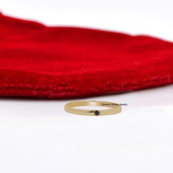 9K Gold Diamond Band Ring, Single Stone Band Ring, Tiny Black Diamond Ring - Image 6