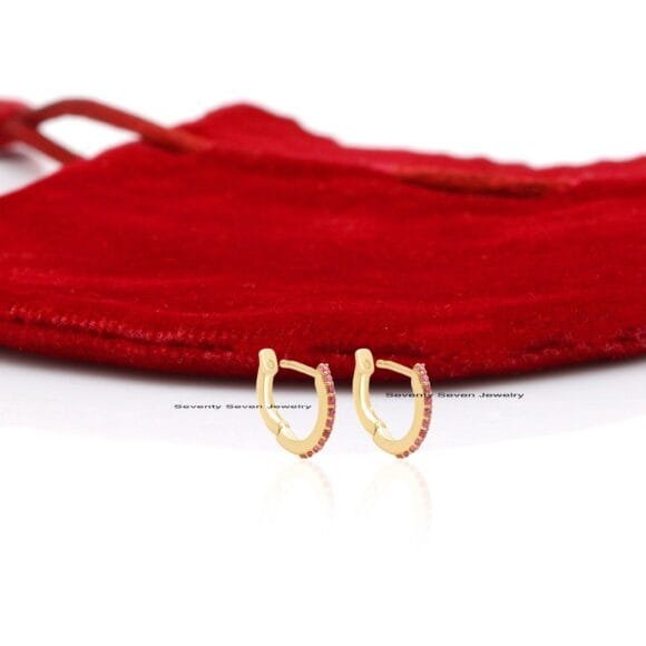 14K Gold Huggie Hoops Earrings, Gold Gemstone Huggies - Image 2