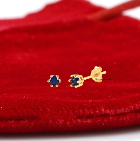 14K Gold Sapphire Stud Earrings, Turquoise Pushback Studs