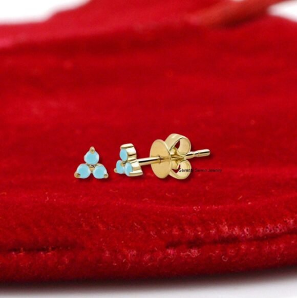 Solid 14K Turquoise Trinity Studs, Three Stone Cluster Studs - Image 2
