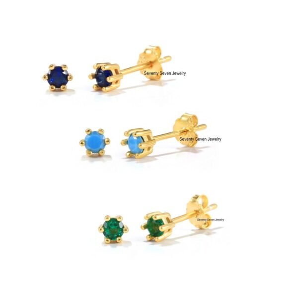 14K Gold Sapphire Stud Earrings, Turquoise Pushback Studs - Image 2