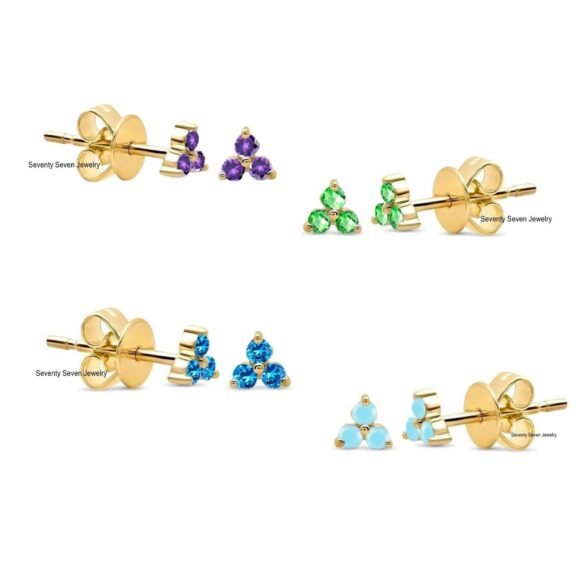 Solid 14K Turquoise Trinity Studs, Three Stone Cluster Studs