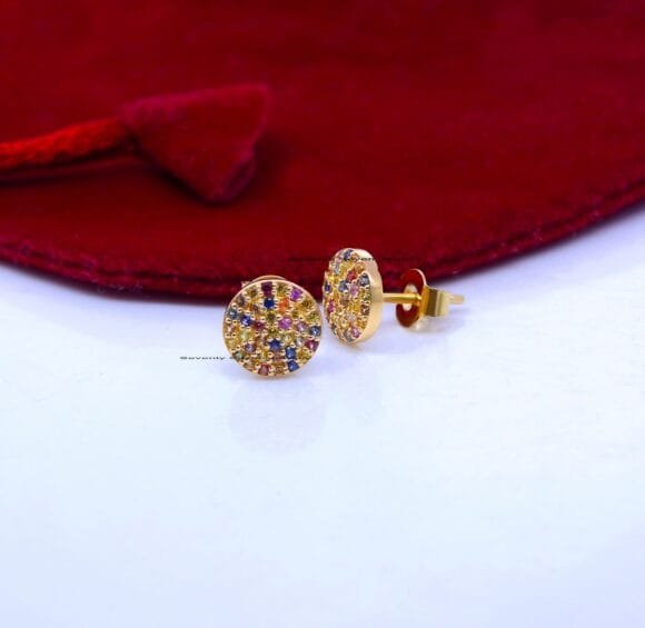 9K Gold Round Multi Gemstone Studs, Gold Round Disc Studs