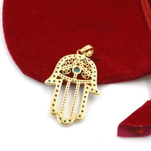 Sterling Silver Hamsa Hand Pendant, Diamond Hamsa Hand Pendant - Image 3