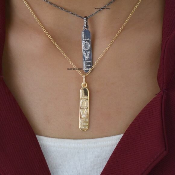 Diamond 925 Silver Love Vertical Charms, Diamond Love Bar Vertical Necklace - Image 3