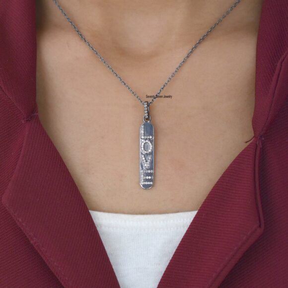 Diamond 925 Silver Love Vertical Charms, Diamond Love Bar Vertical Necklace - Image 2
