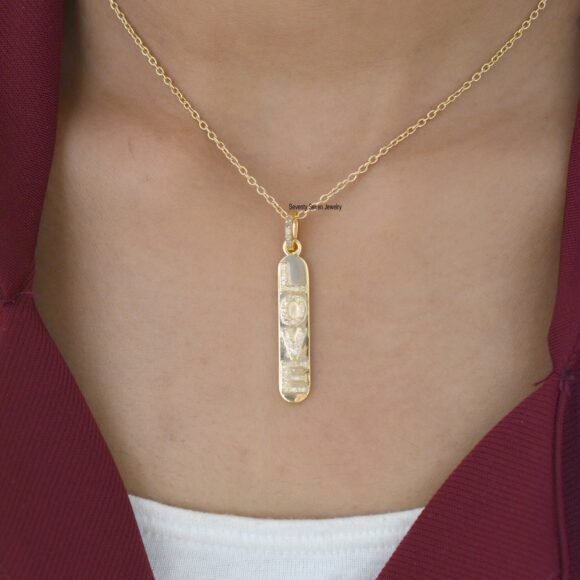 Diamond 925 Silver Love Vertical Charms, Diamond Love Bar Vertical Necklace