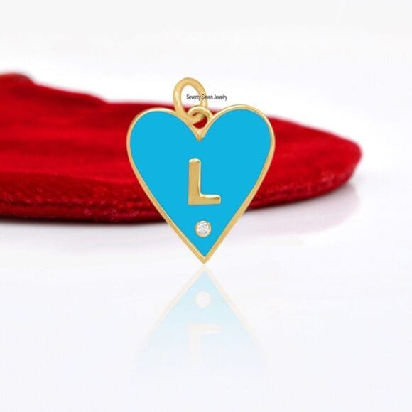14k Gold Black Enamel Heart Pendant, Gold Enamel Letter Pendant