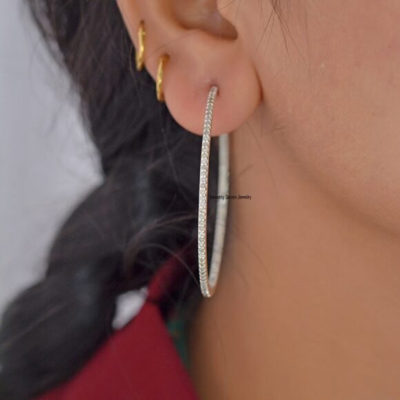 925 Silver Long Natural Diamond Hoops Earrings, Large Diamond Hoop