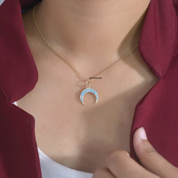 Diamond Crescent Moon 9k Gold Half Moon Pendant, Diamond Moon Pendant