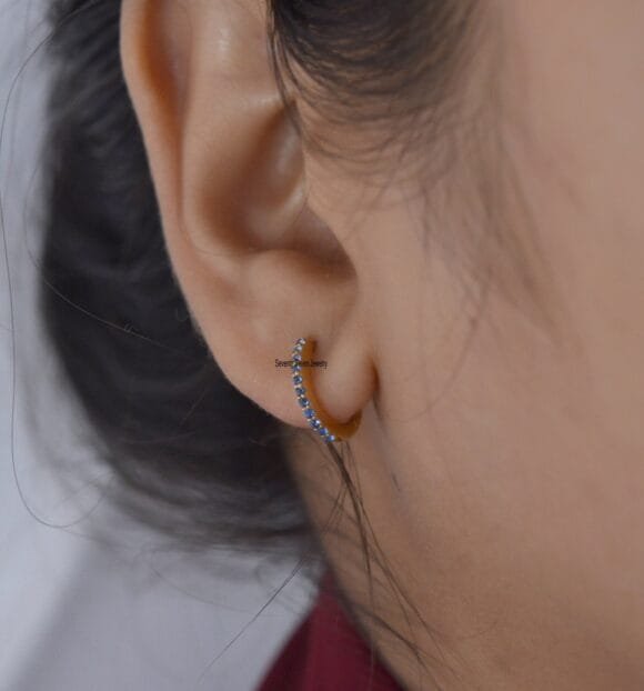 14K Gold Huggie Hoops Earrings, Gold Gemstone Huggies
