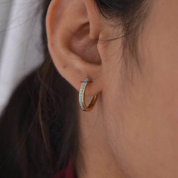 Solid 14K Gold Diamond Hoop Huggies, 17 MM Turquoise Huggies