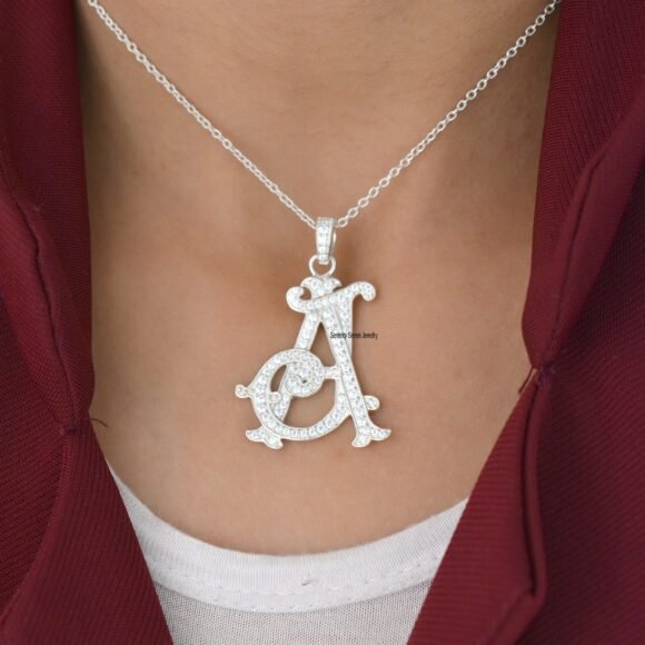 Pave Diamond AB-BA Letter Monogram, Silver Monogram Pendant