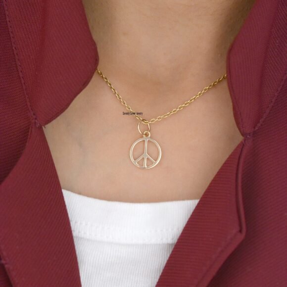 9K Gold Peace Pendant, Peace Sign Pendant Gold, 9K Gold Peace Sign Charm