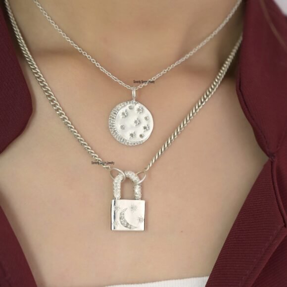 Star Moon 925 Silver Diamond Disc Pendant, Diamond Celestial Pendant