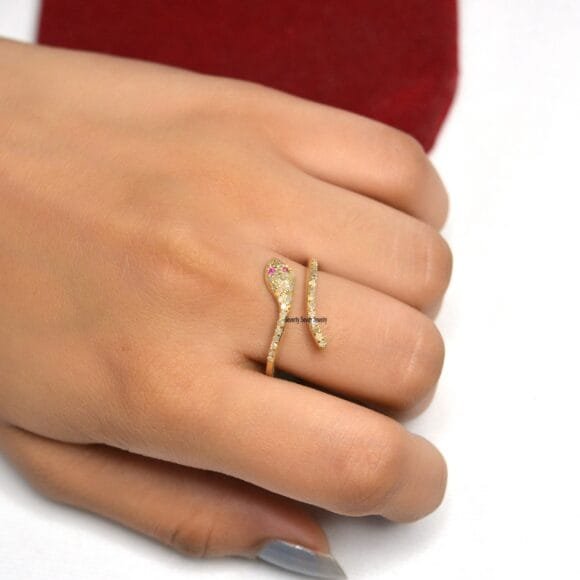 9K Gold Diamond Snake Ring, Gold Emerald Snake Ring