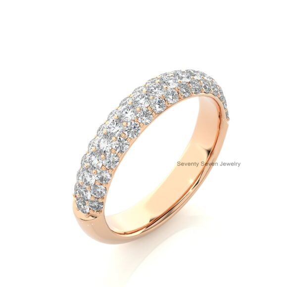 14K Gold Pave Set Moissanite Wide Ring, Three Rows Stacking Ring - Image 5
